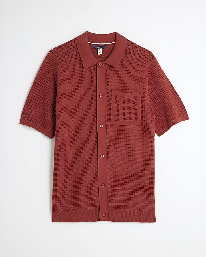 Red Regular Fit Short Sleeve Crochet Shirt