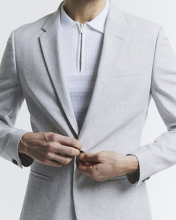 Grey Skinny Fit Textured Blazer Jacket