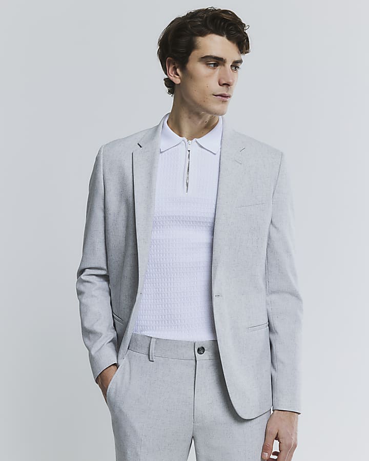 Grey Skinny Fit Textured Blazer Jacket