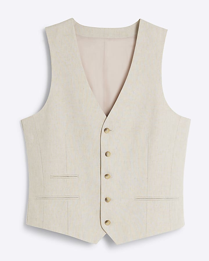 Cream Slim Fit Linen Blend Waistcoat