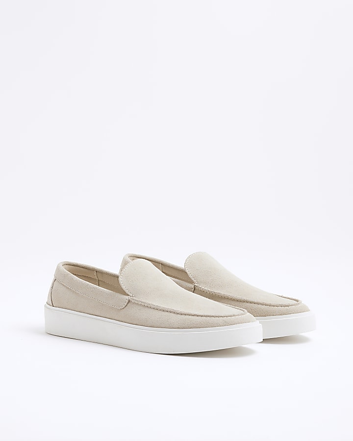 Beige Suede Wedge Cupsole Loafers