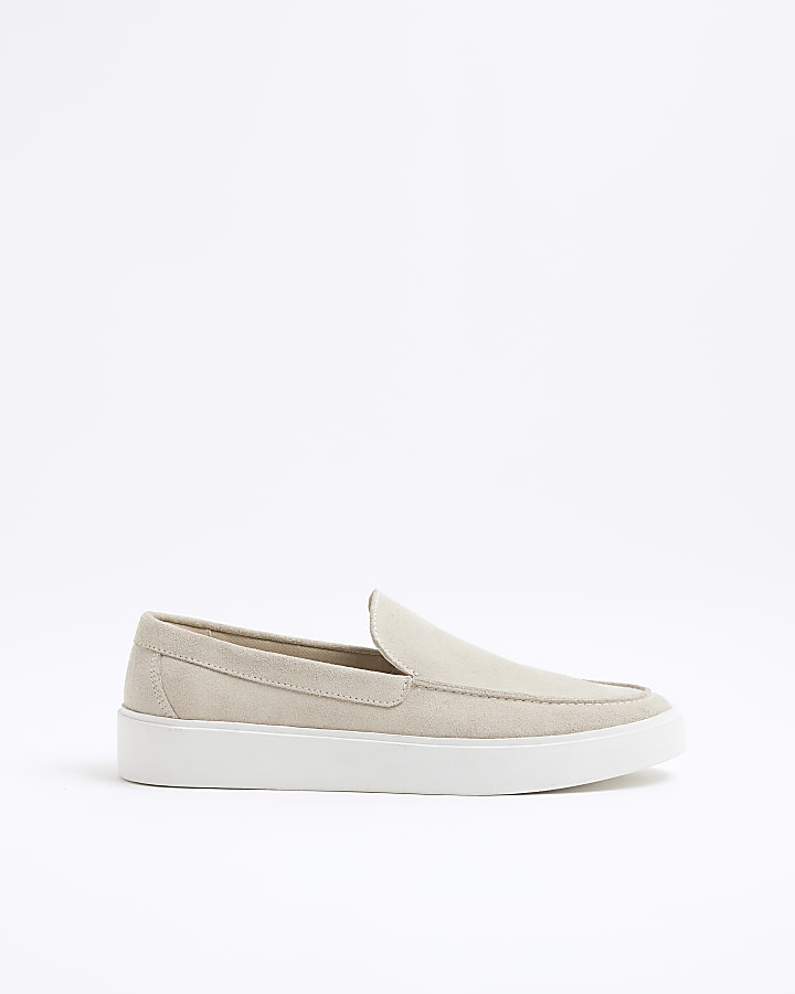 Beige Suede Wedge Cupsole Loafers