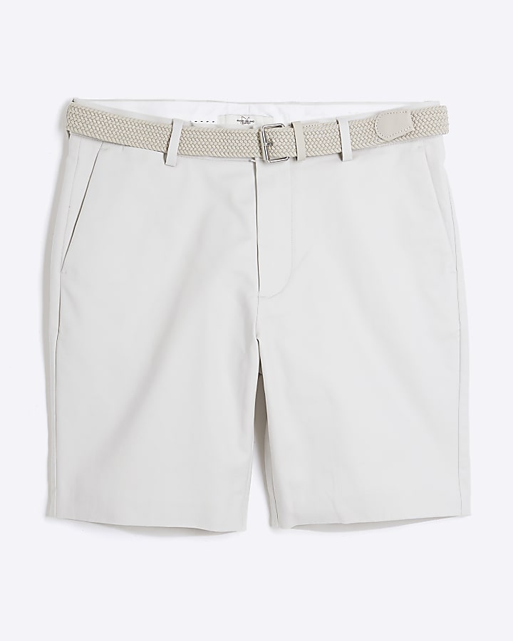 Beige Slim Fit Belted Chino Shorts