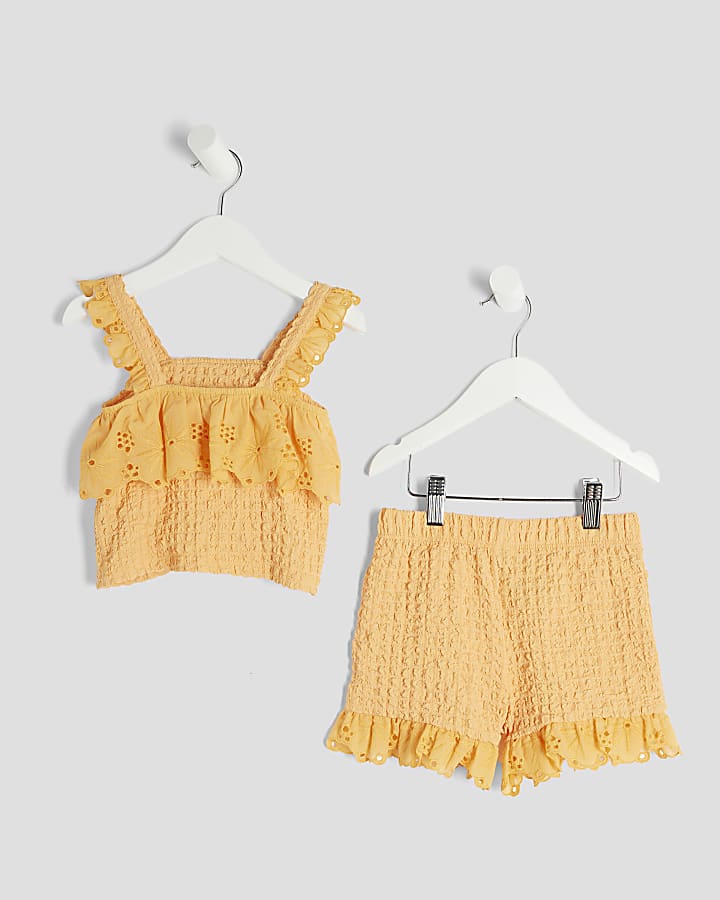 Mini Girls Orange Textured Bardot Top Set