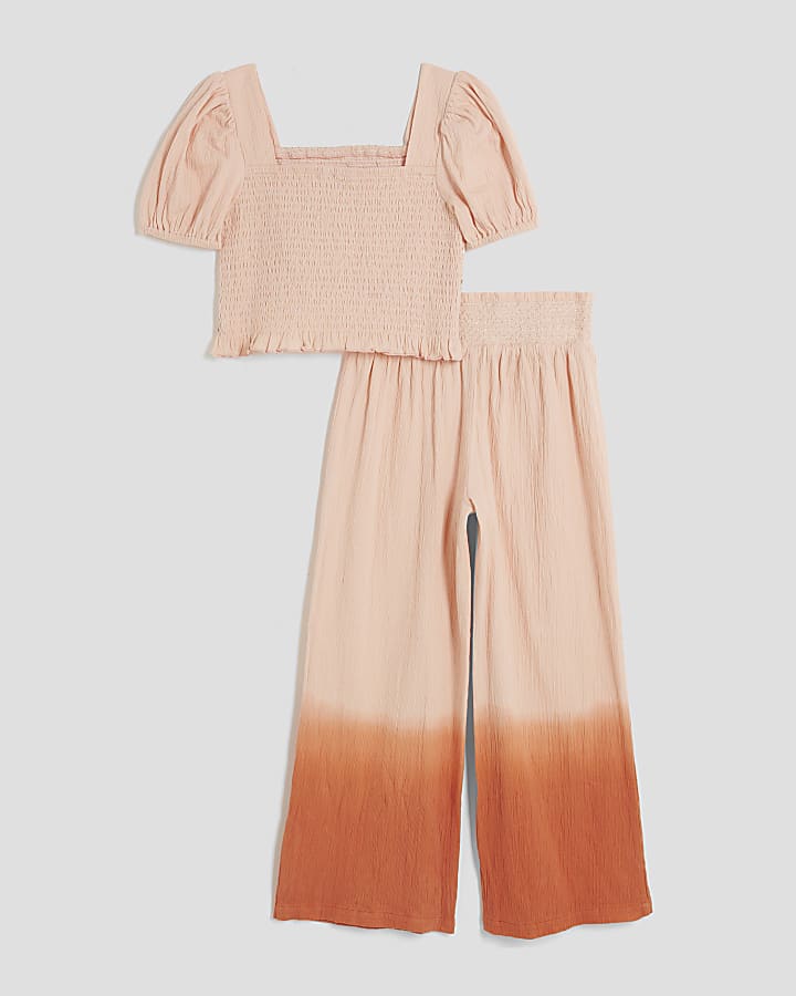 Girls Orange Sequin Shirred Crop Top Set