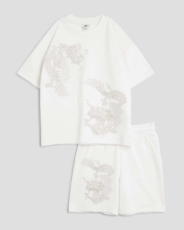 Boys White Embroidered T-Shirt Set