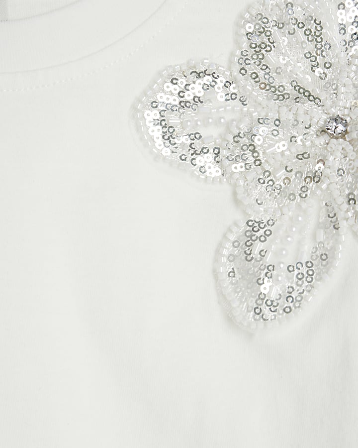 Girls White Embroidered Sequin Floral T-Shirt