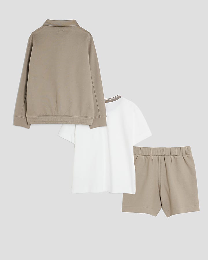 Boys Beige Twill Jacket 3 Piece Set