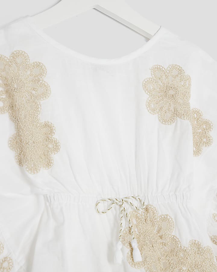 Mini Girls White Crochet Flower Kaftan