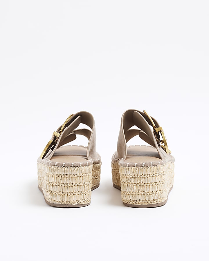 Beige Buckle Platform Wedge Sandals