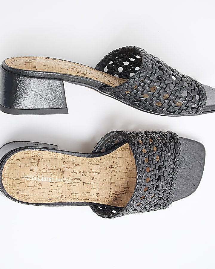 Black Woven Block Heel Mule Sandals