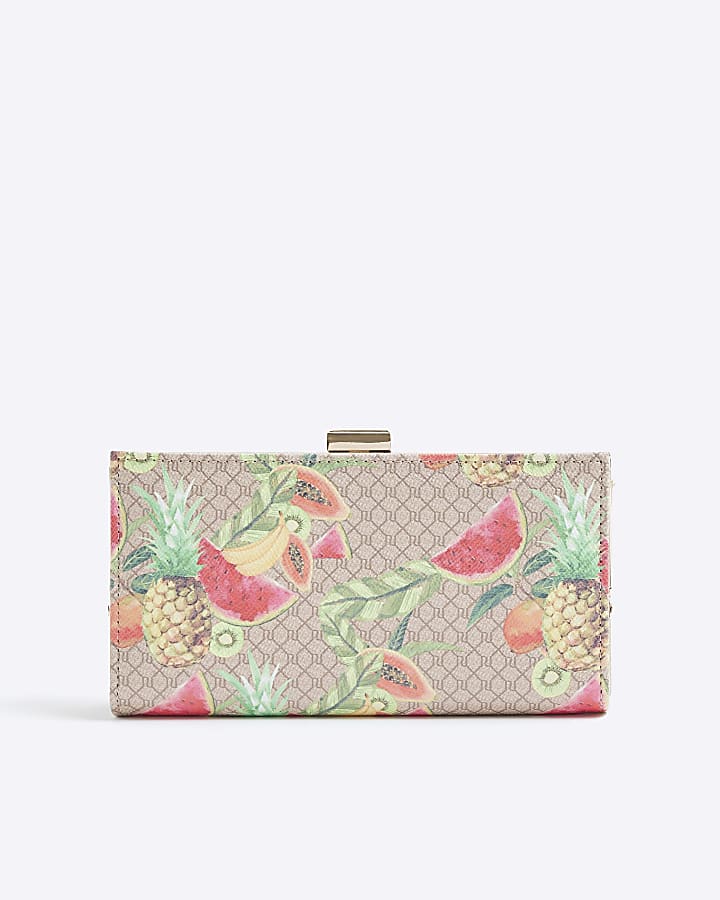 Beige Tropical Fruit Monogram Print Purse