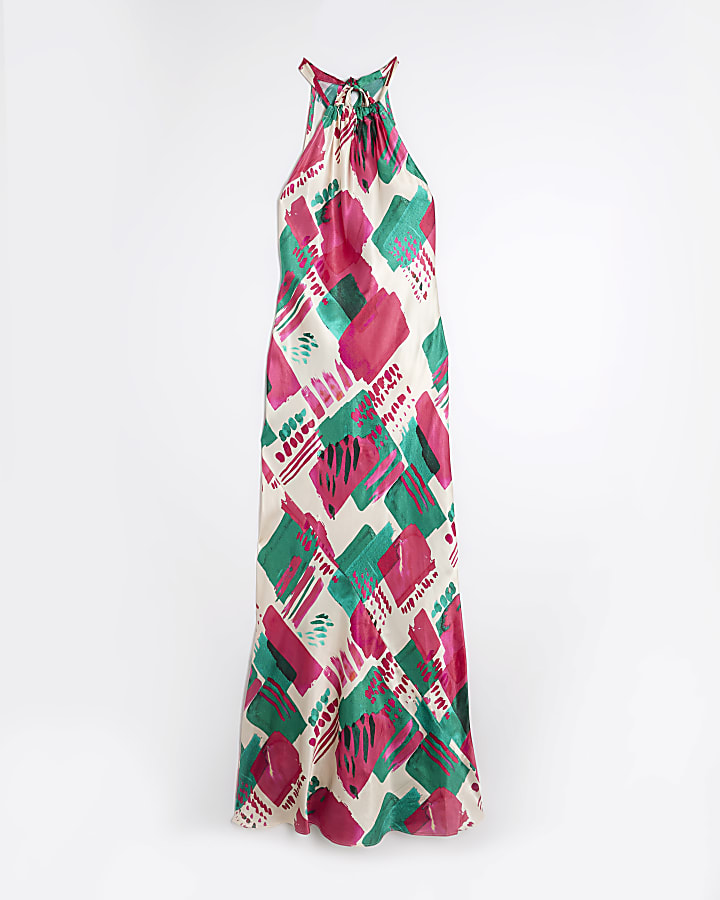 Pink Print Halter Neck Maxi Slip dress