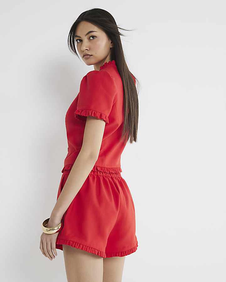Red Frill Linen Blend Tailored Top
