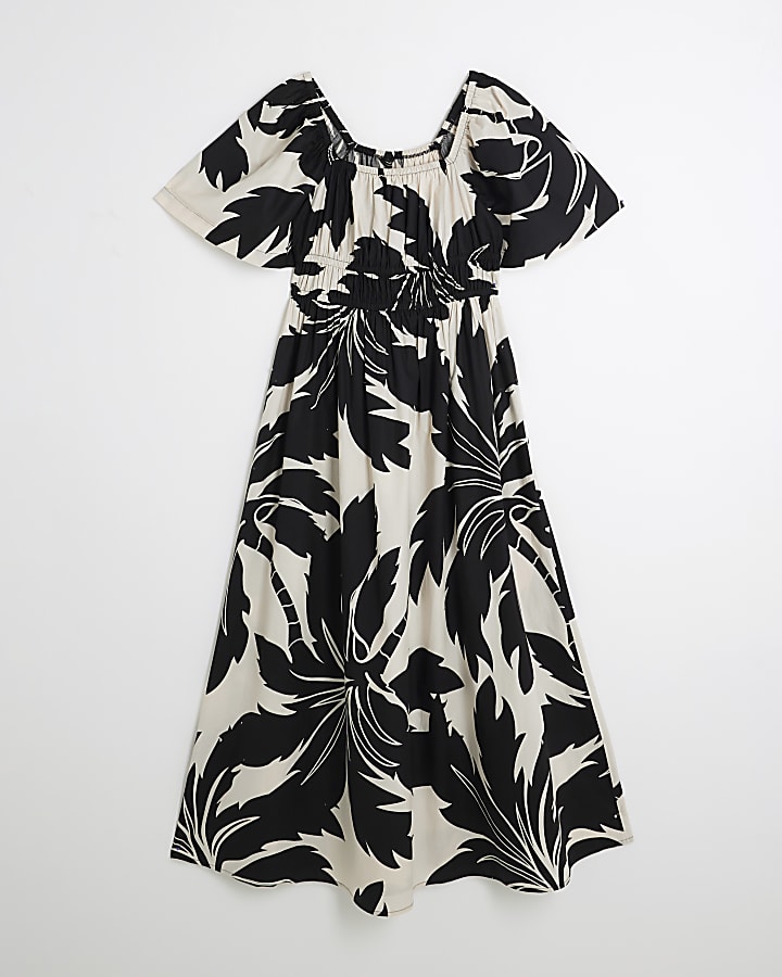 Black Short Sleeve Printed Shirred Midi Dress