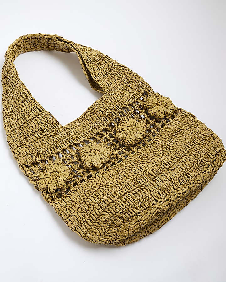 Khaki Raffia Flower Shoulder Bag