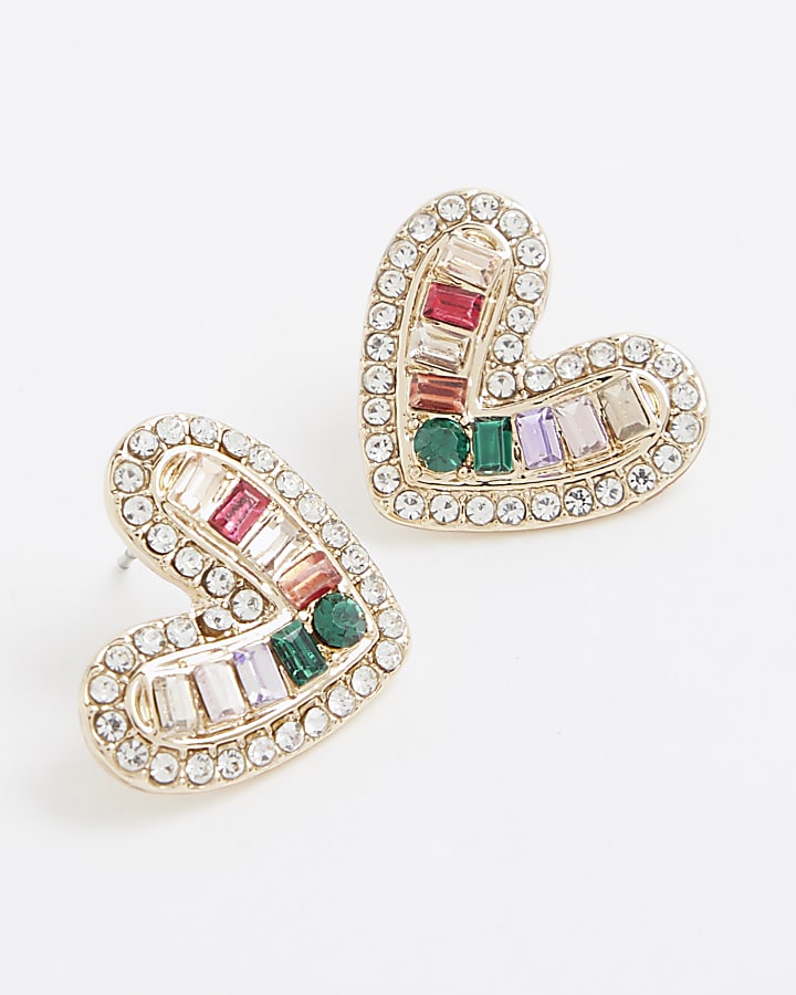 Gold Multicolour Heart Stud Earrings