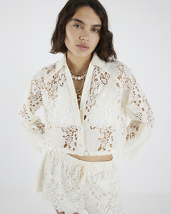 Cream Cutwork Sequin Beach Shirt