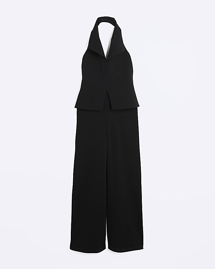 Black Halter Neck Button Up Jumpsuit