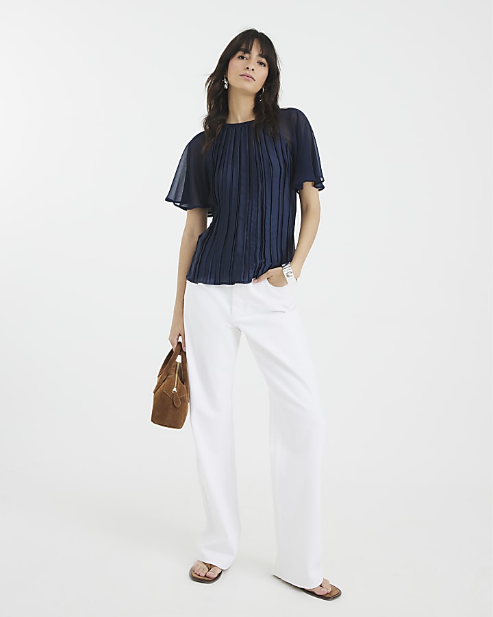 Navy Short Sleeve Pleated Hybrid T-shirt