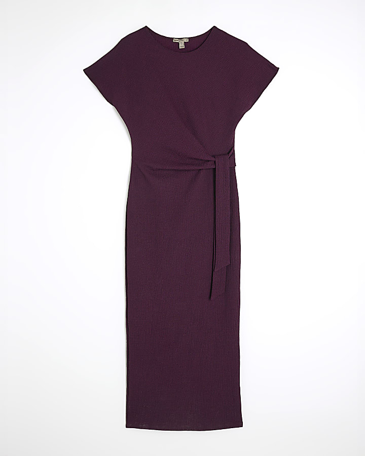 Purple Short Sleeve Textured Midi Dress
