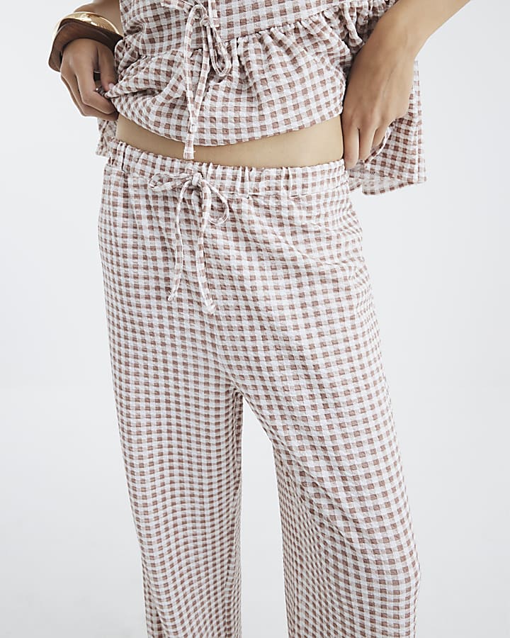 Beige Gingham Wide Leg Trousers