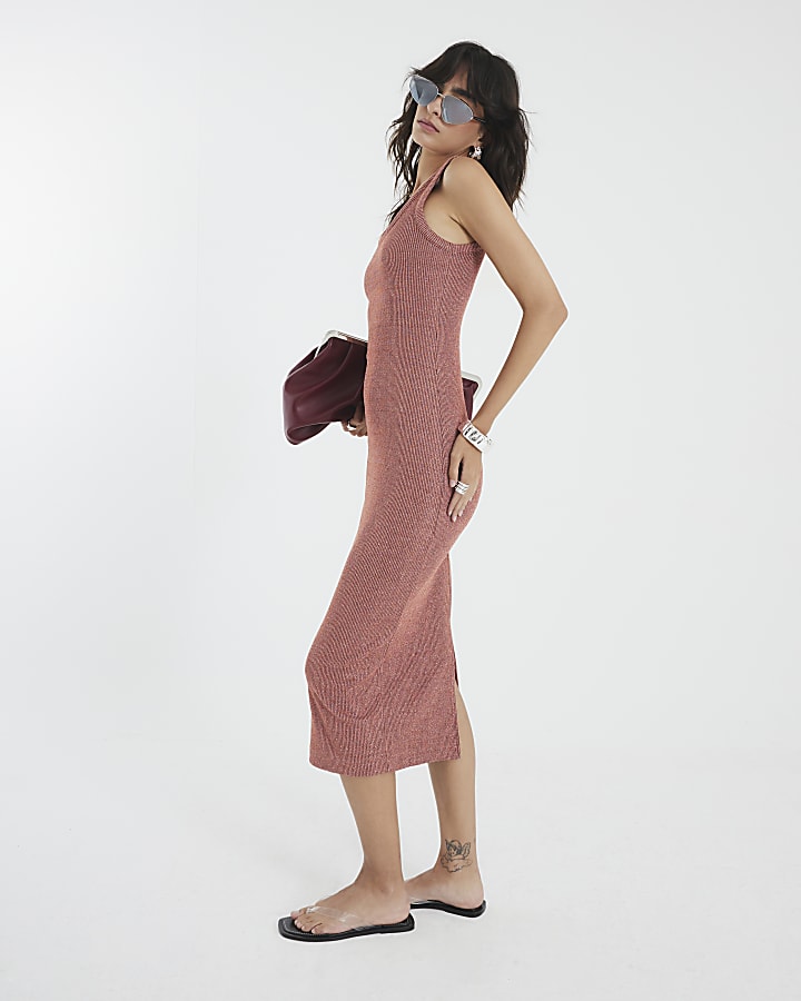 Pink Sleeveless Metallic Midi Dress
