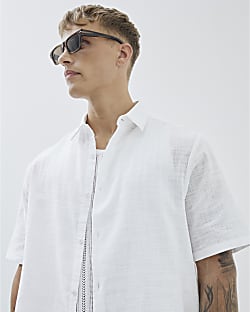 White Linen Look Boxy Fit Short Sleeve Shirt