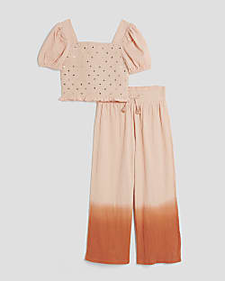 Girls Orange Sequin Shirred Crop Top Set