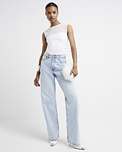 Blue high waisted relaxed straight leg jeans