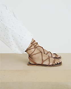 Brown Leather Plaited Tie Gladiator Sandals