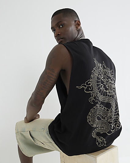 Black Dragon Print Tank Top