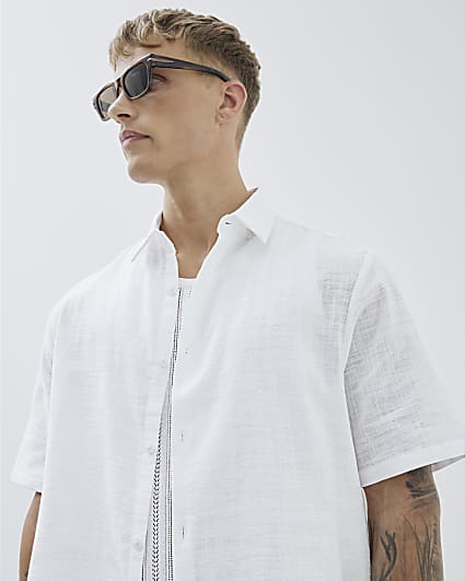 White Linen Look Boxy Fit Short Sleeve Shirt