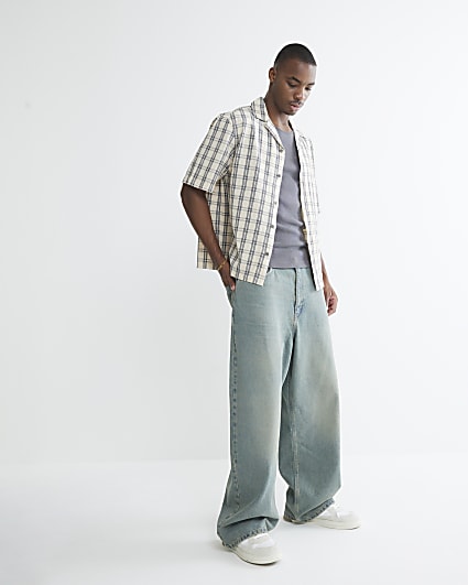 Beige Regular Fit Short Sleeve Check Shirt