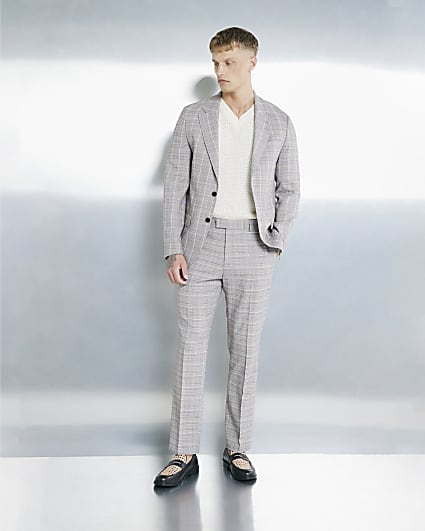 Beige Tailored Fit Check Suit Trousers