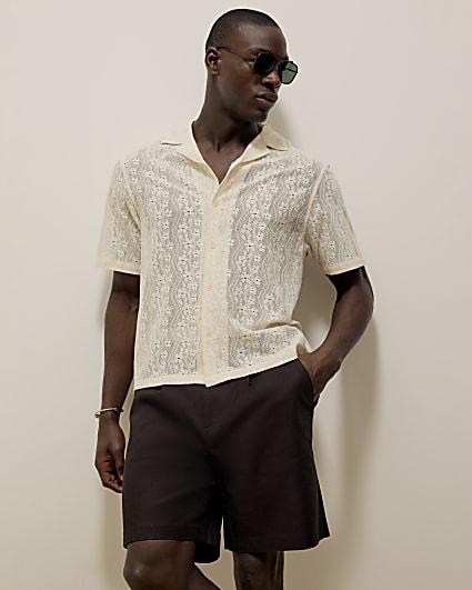 Beige Short Sleeve Boxy Fit Lace Shirt
