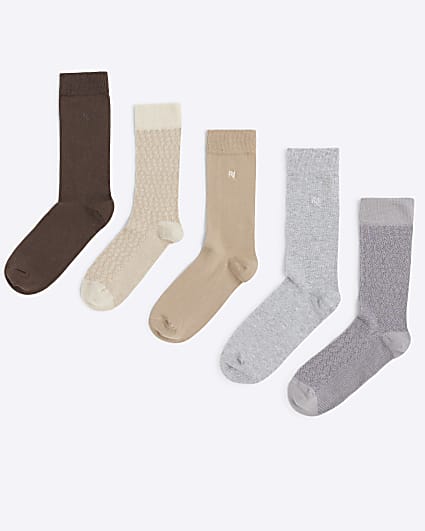 Beige Pack Of 5 Monogram Multi Colour Socks
