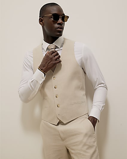 Cream Slim Fit Linen Blend Waistcoat