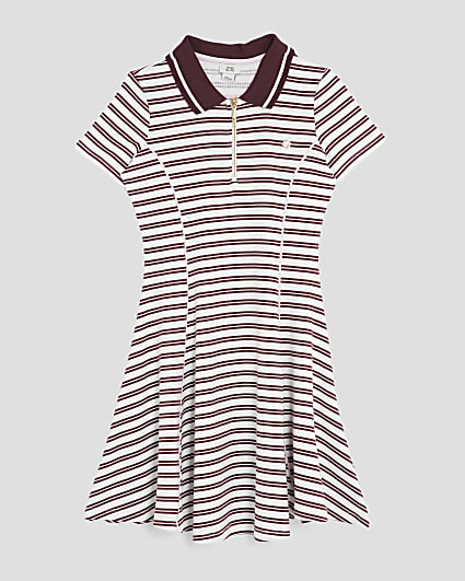 Girls Red Rib Striped Zip Polo Dress