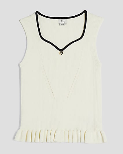 Girls Cream Knit Sleeveless Sweetheart Top