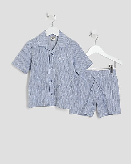 Mini Boys Blue Plisse Textured Shirt Set