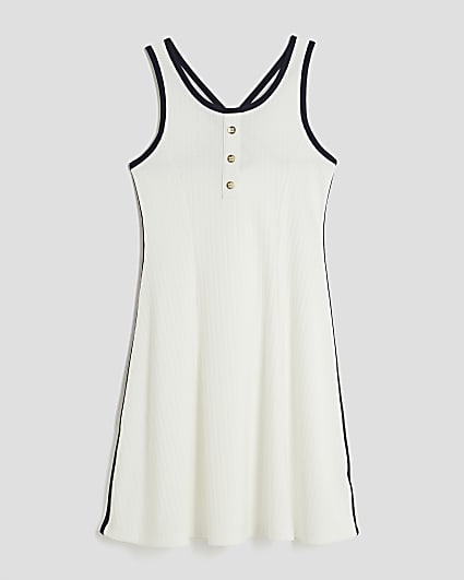 Girls White Button Fit And Flare Dress