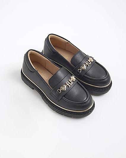 Girls Black Flower Chain Loafers