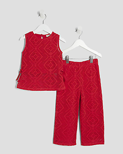 Mini Girls Red Lace Tunic And Trousers Set