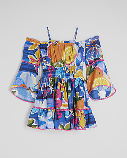 Girls Blue Fruit Print Bardot Dress