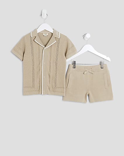 Mini Boys Beige Textured Polo Shirt Set