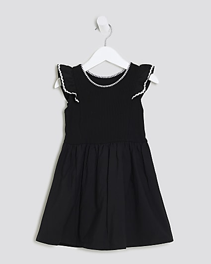Mini Girls Black Frill Ribbed Dress