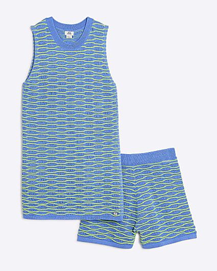 Girls Blue Tunic Textured Stripe Top Set
