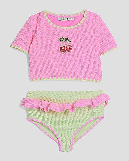 Mini Girls Pink Cherry T-shirt Bikini Set