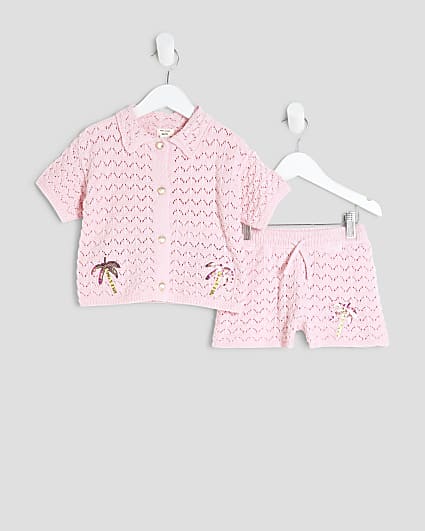 Mini Girls Pink Crochet Palm Tree Shirt Set